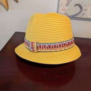Straw Hat Magid Women’s Woven Sunny Yellow Fedora Colorful Band One Size EUC